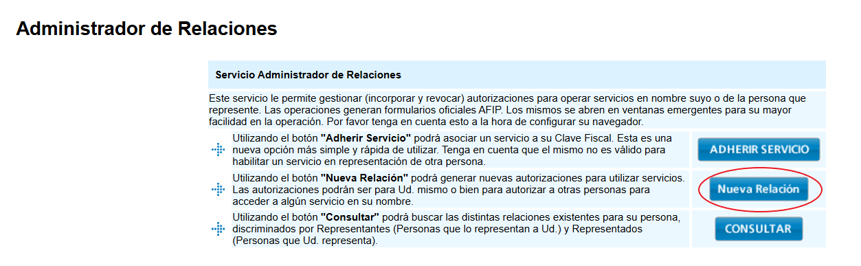 Pantalla del Administrador de Relaciones de ARCA, con el botón "Nueva Relación" señalado