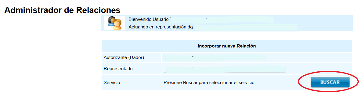 Formulario "Incorporar nueva Relación" de ARCA, con el botón "Buscar" señalado junto al campo Servicio