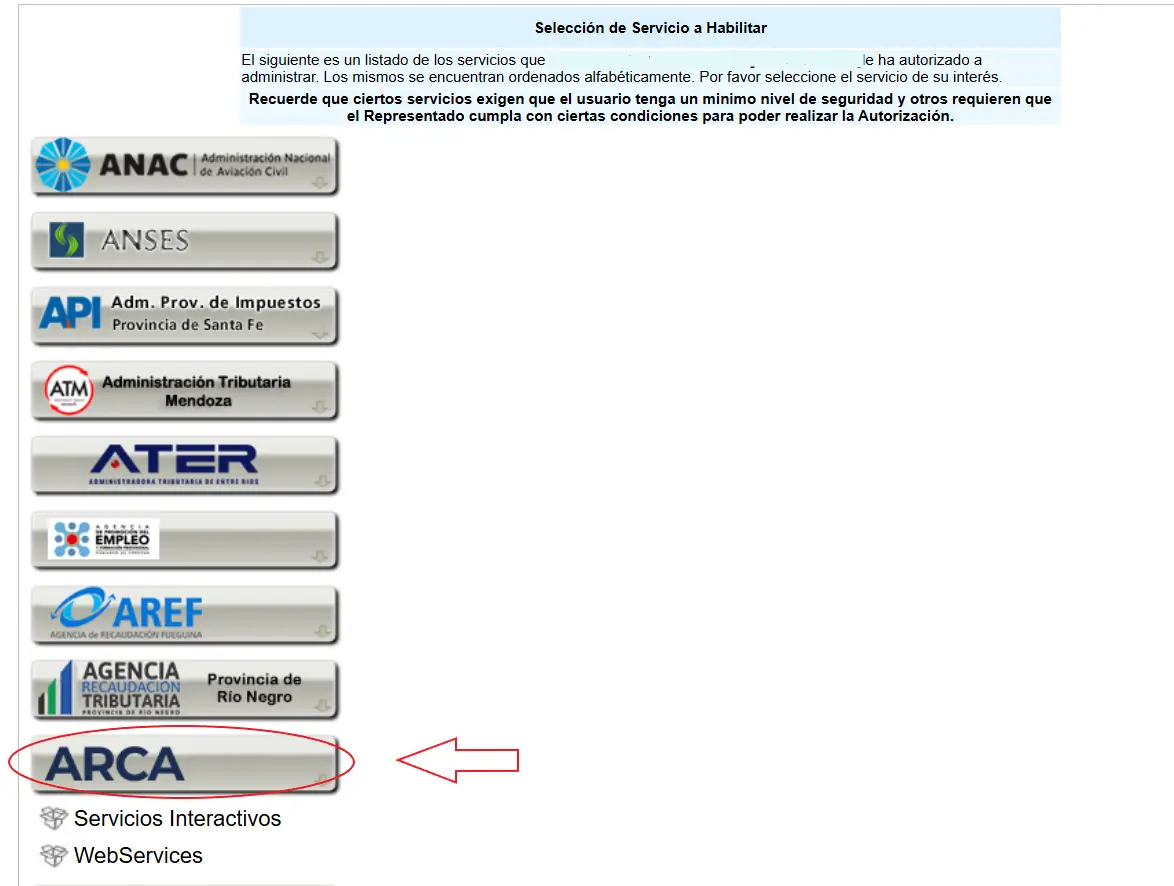 Listado de organismos en ARCA, con la opción "ARCA" señalada y sus subopciones Servicios Interactivos y WebServices
