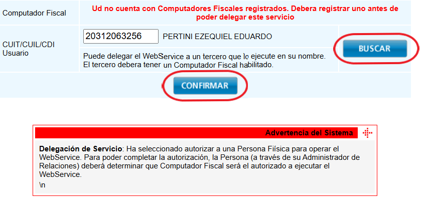 Pantalla de confirmación de la delegación en ARCA, con el aviso de Computador Fiscal y los botones Buscar y Confirmar señalados