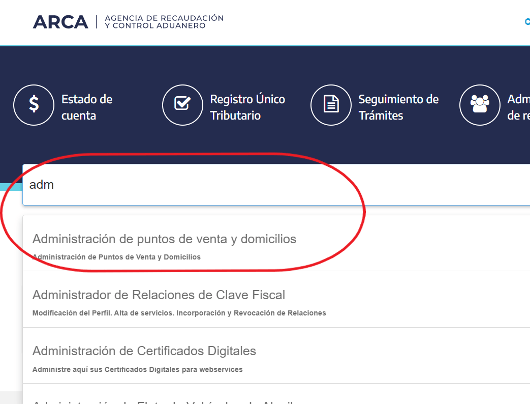 Buscador de la home de ARCA con "Administración de puntos de venta y domicilios" señalado entre los resultados