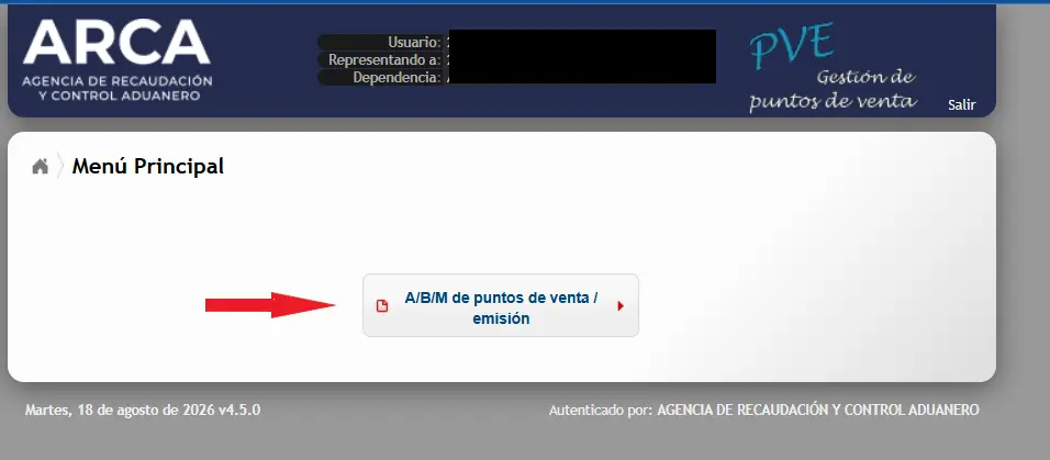 Menú principal del sistema PVE de ARCA, con la opción "A/B/M de puntos de venta / emisión" señalada