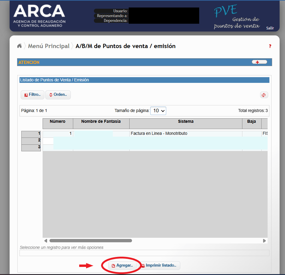 Listado de puntos de venta en ARCA, con el botón "Agregar" señalado