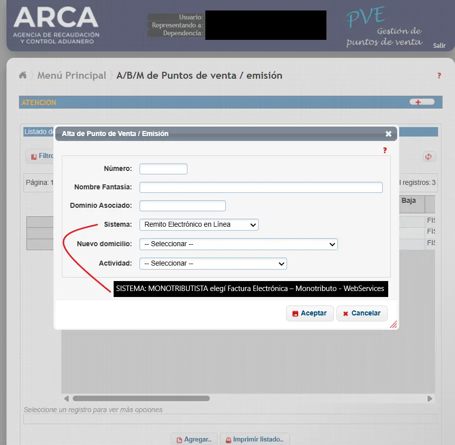 Formulario de alta de punto de venta en ARCA, con el campo Sistema señalado: Factura Electrónica – Monotributo – WebServices